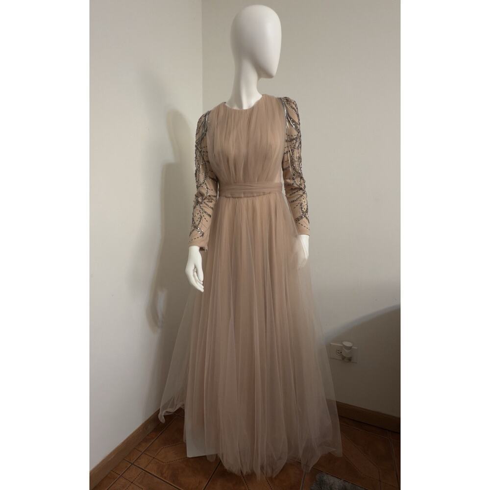 HENNIN Nude Tulle Long Gown Size 38 Beaded Sleeves Formal Evening Wedding Dress